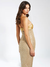 Load image into Gallery viewer, Lainey Gold Satin Sequin Pearls Beaded Maxi Dress
