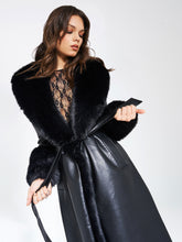 Load image into Gallery viewer, Zaida Black Vegan Fur Trim Black Vegan Leather Coat
