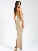 Load image into Gallery viewer, Lainey Gold Satin Sequin Pearls Beaded Maxi Dress
