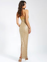 Load image into Gallery viewer, Lainey Gold Satin Sequin Pearls Beaded Maxi Dress
