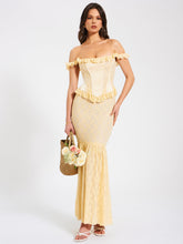 Load image into Gallery viewer, Ersilia Pale Yellow Satin Lace Peplum Corset Off Shoulder Maxi Dress
