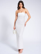 Load image into Gallery viewer, Lainey White Satin Sequin Pearls Beaded Maxi Dress
