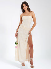 Load image into Gallery viewer, Xatia Off White Jacquard Textured High Slit Maxi Dress
