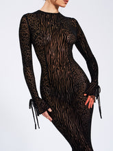 Load image into Gallery viewer, Waylynn Black Animal Print Burnout Velvet Detail Mesh Backless Maxi Dress

