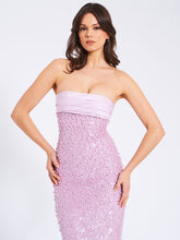 Load image into Gallery viewer, Lainey Purple Satin Sequin Pearls Beaded Maxi Dress
