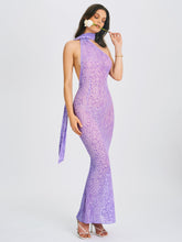 Load image into Gallery viewer, Olena Purple Burnout Velvet Animal Print Mesh Halter Neck Maxi Dress
