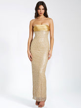 Load image into Gallery viewer, Lainey Gold Satin Sequin Pearls Beaded Maxi Dress
