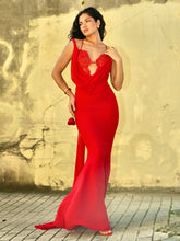Load image into Gallery viewer, Ulanda Red Chiffon Lace Backless Maxi Train Dress
