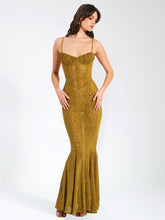 Load image into Gallery viewer, Ulani Gold Burnout Velvet Detail Mesh Maxi Dress
