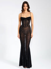 Load image into Gallery viewer, Ulani Black Burnout Velvet Detail Mesh Maxi Dress
