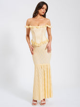Load image into Gallery viewer, Ersilia Pale Yellow Satin Lace Peplum Corset Off Shoulder Maxi Dress
