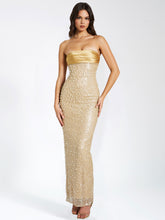 Load image into Gallery viewer, Lainey Gold Satin Sequin Pearls Beaded Maxi Dress
