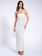 Load image into Gallery viewer, Lainey White Satin Sequin Pearls Beaded Maxi Dress
