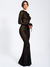 Load image into Gallery viewer, Waylynn Black Animal Print Burnout Velvet Detail Mesh Backless Maxi Dress
