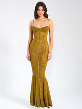 Load image into Gallery viewer, Ulani Gold Burnout Velvet Detail Mesh Maxi Dress
