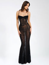 Load image into Gallery viewer, Ulani Black Burnout Velvet Detail Mesh Maxi Dress

