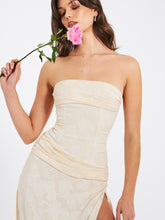 Load image into Gallery viewer, Xatia Off White Jacquard Textured High Slit Maxi Dress
