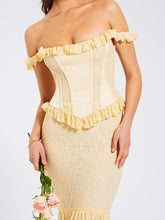 Load image into Gallery viewer, Ersilia Pale Yellow Satin Lace Peplum Corset Off Shoulder Maxi Dress
