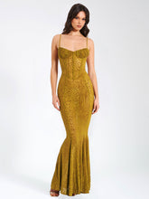 Load image into Gallery viewer, Ulani Gold Burnout Velvet Detail Mesh Maxi Dress
