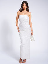 Load image into Gallery viewer, Lainey White Satin Sequin Pearls Beaded Maxi Dress
