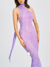 Load image into Gallery viewer, Olena Purple Burnout Velvet Animal Print Mesh Halter Neck Maxi Dress
