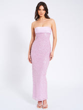 Load image into Gallery viewer, Lainey Purple Satin Sequin Pearls Beaded Maxi Dress
