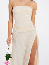 Load image into Gallery viewer, Xatia Off White Jacquard Textured High Slit Maxi Dress

