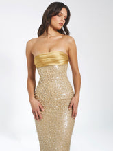 Load image into Gallery viewer, Lainey Gold Satin Sequin Pearls Beaded Maxi Dress
