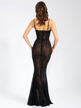 Load image into Gallery viewer, Ulani Black Burnout Velvet Detail Mesh Maxi Dress
