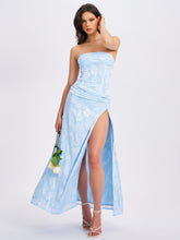 Load image into Gallery viewer, Xatia Baby Blue Jacquard Textured High Slit Maxi Dress
