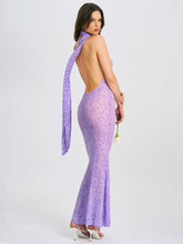 Load image into Gallery viewer, Olena Purple Burnout Velvet Animal Print Mesh Halter Neck Maxi Dress
