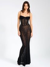 Load image into Gallery viewer, Ulani Black Burnout Velvet Detail Mesh Maxi Dress
