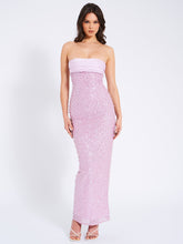 Load image into Gallery viewer, Lainey Purple Satin Sequin Pearls Beaded Maxi Dress
