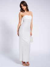 Load image into Gallery viewer, Lainey White Satin Sequin Pearls Beaded Maxi Dress
