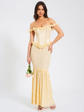 Load image into Gallery viewer, Ersilia Pale Yellow Satin Lace Peplum Corset Off Shoulder Maxi Dress
