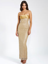 Load image into Gallery viewer, Lainey Gold Satin Sequin Pearls Beaded Maxi Dress
