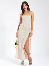 Load image into Gallery viewer, Xatia Off White Jacquard Textured High Slit Maxi Dress
