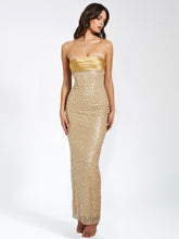 Load image into Gallery viewer, Lainey Gold Satin Sequin Pearls Beaded Maxi Dress
