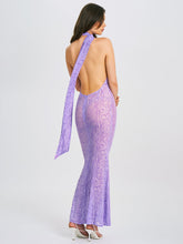 Load image into Gallery viewer, Olena Purple Burnout Velvet Animal Print Mesh Halter Neck Maxi Dress
