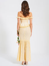 Load image into Gallery viewer, Ersilia Pale Yellow Satin Lace Peplum Corset Off Shoulder Maxi Dress
