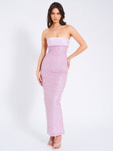 Load image into Gallery viewer, Lainey Purple Satin Sequin Pearls Beaded Maxi Dress
