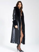 Load image into Gallery viewer, Zaida Black Vegan Fur Trim Black Vegan Leather Coat

