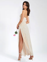 Load image into Gallery viewer, Xatia Off White Jacquard Textured High Slit Maxi Dress
