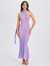 Load image into Gallery viewer, Olena Purple Burnout Velvet Animal Print Mesh Halter Neck Maxi Dress
