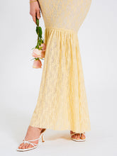 Load image into Gallery viewer, Ersilia Pale Yellow Satin Lace Peplum Corset Off Shoulder Maxi Dress
