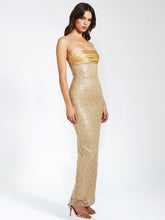 Load image into Gallery viewer, Lainey Gold Satin Sequin Pearls Beaded Maxi Dress
