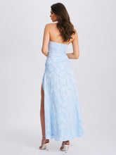 Load image into Gallery viewer, Xatia Baby Blue Jacquard Textured High Slit Maxi Dress
