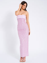 Load image into Gallery viewer, Lainey Purple Satin Sequin Pearls Beaded Maxi Dress
