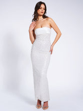 Load image into Gallery viewer, Lainey White Satin Sequin Pearls Beaded Maxi Dress
