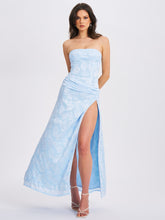Load image into Gallery viewer, Xatia Baby Blue Jacquard Textured High Slit Maxi Dress
